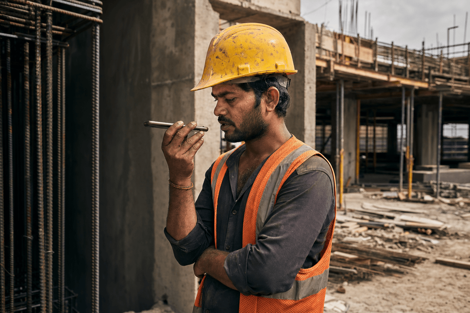 Construction labourer sending a WhatsApp voice message on site